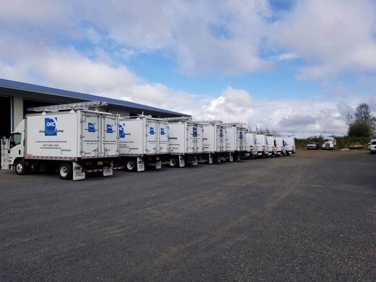Oregon Hood Cleaning service trucks lined up at the Salem yard